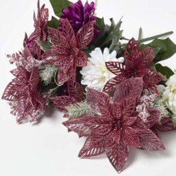 Set of 2 Artificial Red  White Glitter Poinsettia Bouquets - Red & White - thumbnail 2
