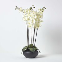 Homescapes Large Oriental Style Orchids in Black Bowl - Cream