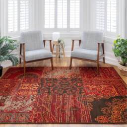 Deep Red Brown Traditional Patchwork Living Room Rug - Wine / 365 x 280cm - thumbnail 2