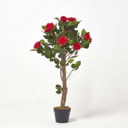Potted Rose Tree Artificial Plant with lifelike green leaves, 90 cm - Red - thumbnail 2