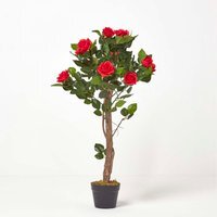 Potted Rose Tree Artificial Plant with lifelike green leaves, 90 cm - Red