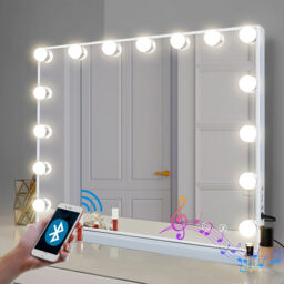 FENCHILIN Bluetooth Hollywood Light Up Vanity Mirror with Lights Tabletop Wall - Metal White - 46cm X 58cm - thumbnail 4