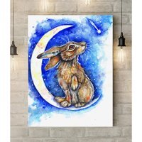 Moon and the Hare Watercolor Canvas Print - Blue / 61cm