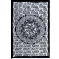 Handmade Cotton Bedspread Wall Hanging - Elephant Mandala Art - Black