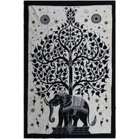 Handmade Cotton Bedspread Wall Hanging - Elephant Tree Mono Design - Black