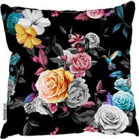 Humming Bird, Roses, Peony With Leaves  Cushion - Black / 60cm