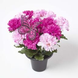 Homescapes Set of 2 Yellow  Pink Carnation Artificial Flowers in Grave Vases - Yellow, Pink - thumbnail 2