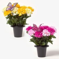 Homescapes Set of 2 Yellow  Pink Carnation Artificial Flowers in Grave Vases - Yellow, Pink