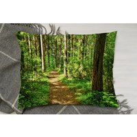 Forest Trail Scene. Woodland Path Cushion - Green - image 1