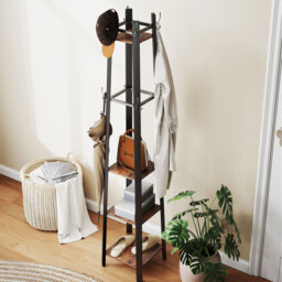 HOMCOM Industrial Coat Stand with 4 Storage Shelves and 8 Hooks  - Rustic Brown - thumbnail 3