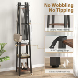 HOMCOM Industrial Coat Stand with 4 Storage Shelves and 8 Hooks  - Rustic Brown - thumbnail 5