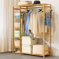 Open Coat Rack with Four-Tier Side Shelf Hanging Rod and Hooks - Wood Color / 121cm - image 1
