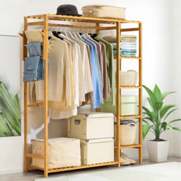 Open Coat Rack with Four-Tier Side Shelf Hanging Rod and Hooks - Wood Color / 121cm - thumbnail 2