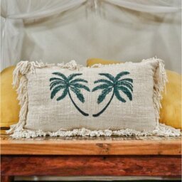 Premium Linen Palm Tree Cushion Cover with Fringe Tropical Decor - White - thumbnail 3