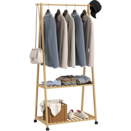 HOMCOM Bamboo Clothes Rail Rack with 2 Shelves Natural - Natural Wood Effect - thumbnail 2