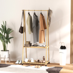 HOMCOM Bamboo Clothes Rail Rack with 2 Shelves Natural - Natural Wood Effect - thumbnail 5
