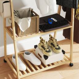 HOMCOM Bamboo Clothes Rail Rack with 2 Shelves Natural - Natural Wood Effect - thumbnail 3