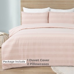 Waffle Stripe Duvet Cover Set Soft Polycotton Blend - Dusty Pink - Dusty Pink / 135cm - thumbnail 4