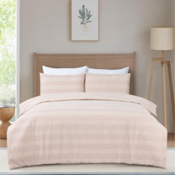 Waffle Stripe Duvet Cover Set Soft Polycotton Blend - Dusty Pink - Dusty Pink / 135cm - thumbnail 2
