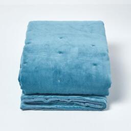 Homescapes Velvet Quilted Throw with Stitch - Slate Blue / 150cm - thumbnail 3
