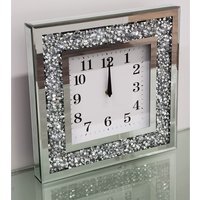 Square Wall Clock Crushed Diamante Crystal Mirror - Silver