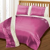 Satin Pleated Faux Silk Duvet Cover and Pillowcase Set - Fuschia / Cream / King