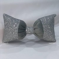 Grey Plush Corner Sparkle Glitter Bow Cushion - Grey