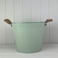 Tapered Zinc Planter with Rope Ears and Drainage Hole - Pale Green