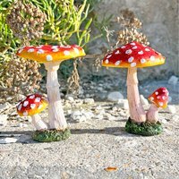 Pair of Red and White Garden Mushroom Ornaments - red