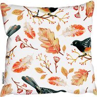Hand-Drawn Black Bird And Golden Autumn Oak Leaves Cushion - Orange / 60cm
