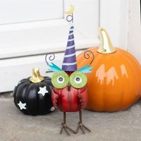 Red Metal Owl Ornament with Witch Hat, Halloween - Red