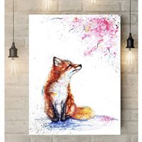 Fox and Cherry Blossom Canvas - Brown / 32 x 24 in