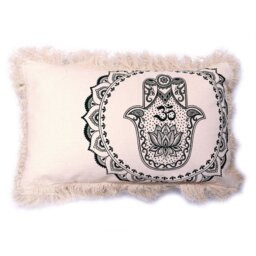 Hamsa Mandala Cushion Cover Cotton with Fringe - Green - thumbnail 2