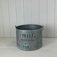 Festive Grey Metal Bucket Merry Christmas with Over Handle - Grey