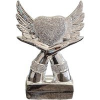 Crushed Diamond Heart And Wings In Hands Ornament - Silver