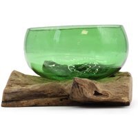 Beer Bottle Glass on Wooden Base Handmade Art Piece - Brown