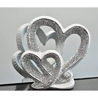 Crushed Diamond Double Heart Ornament With Round Base - Silver