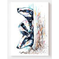 Trio of Badgers Watercolour wall Canvas - Black / 24 x 16 in
