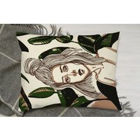 Young Woman In Tropical Leaves Cushion - Green - image 1