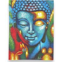 Vibrant Buddha Painting with Gold Flower - Blue