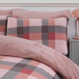 Dreamscene Check Teddy Fleece Duvet Cover Bedding Set - Pink / King - thumbnail 3