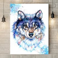 Wolf Watercolor Canvas Print - Blue / 81cm