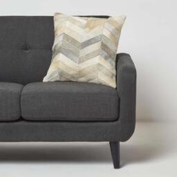 Chevron Cream Grey Leather Cushion - Grey - thumbnail 2