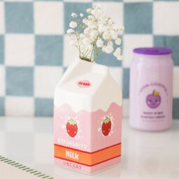 Strawberry Milk Carton Flower Vase Kawaii Ceramic Decor - Pink - thumbnail 3