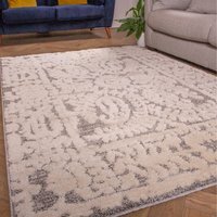 Floral Damask Soft Scandi Shaggy Area Rug - Grey & White / 110 x 60cm