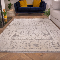 Floral Damask Soft Scandi Shaggy Area Rug - Grey & White / 110 x 60cm - thumbnail 2