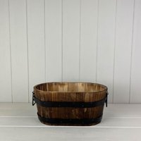 Brown Wooden Oval Planter with 2 Metal Bands and Handles - Brown