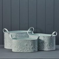 Dark Green Sage Oval Zinc Planters with Floral Design Set of 3 - Pale Green