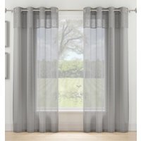 Pair of Andorra Grey Textured Fabric Header Sheer Voile Panels - Grey / 183cm