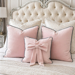 Plush Velvet Bespoke Cushion Set With Piping Soft Pink And Grey - Pink - thumbnail 4